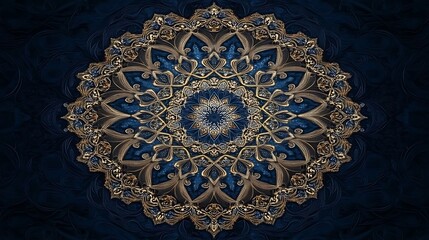 Aufkleber - Intricate symmetrical mandala design featuring gold and blue hues, creating a serene visual experience