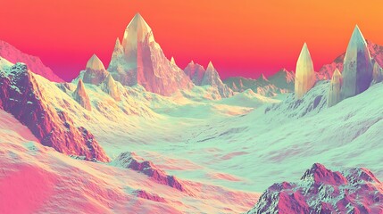 Poster - Surreal landscape with vibrant mountains and crystalline peaks under a colorful sky at sunset