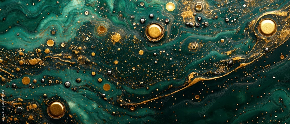 Abstract fluid art showcases marbling, creating swirling patterns in shades of green and gold.