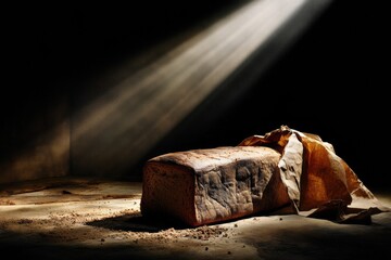 Aufkleber - Dramatic Lighting Highlights an Extravagant Loaf of Bread Resting on a Rustic Table in a Dimly Lit Room Generative AI