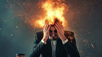 Poster - Exhausted businessman suffering from burnout syndrome with flames on his head, sitting at his desk with a coffee cup and documents, representing extreme stress and pressure at work