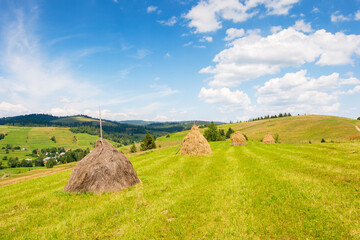 Wall Mural - rural landscape in summer. scenic weekend in highland of ukraine. countryside scenery with haystack 