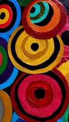 Poster - Colorful concentric circles painted on canvas, a vibrant and playful composition with bold texture and dynamic energy on a black background