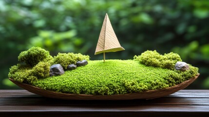 Poster - Miniature sailboat on vibrant green moss in rustic oval container creating enchanting landscape scene with blurred background for decoration and artistry