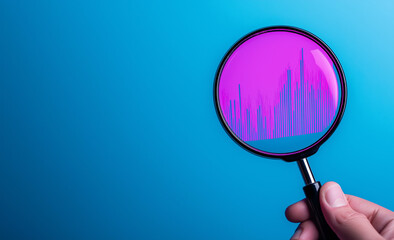 Poster - Examining financial performance a hand holding magnifying glass over a data visualization chart on a blue background