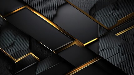 Poster - Abstract 3D Geometric Black Shapes and Lines with Golden Accents
