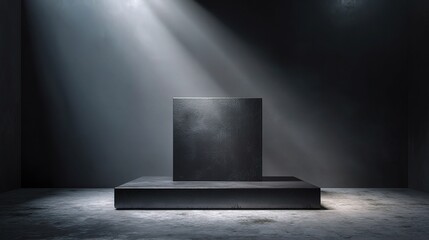Poster - matte black podium with extended base in dimly lit studio space