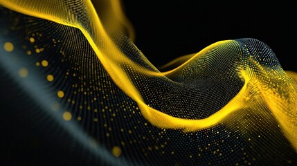 Poster - Abstract Composition of Black and Yellow Waves with Light Dots