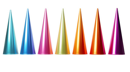 A row of six shiny colorful cone shaped objects on a black background in a studio shot isolated on transparent background