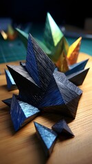 Poster - Delicate paper bird resting on a table surrounded by abstract shapes and textures
