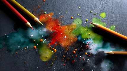 Poster - Artistic representation of chakras featuring pencil and paint spilled on a black surface