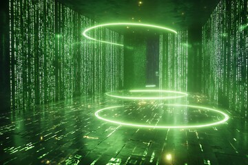Poster - .	•  Glowing energy loop spins in a cyber room filled with green code particles and electric mist --