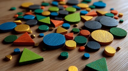 Poster - A wooden table covered with colorful pieces creating a playful and artistic environment