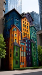 Poster - Urban building adorned with a colorful mural showcasing artistic expression and creativity