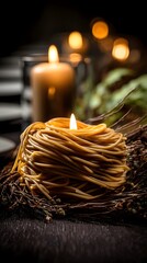 Poster - Intimate and cozy dinner table set with homemade pasta and a softly lit candle glow