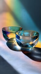 Poster - Two elegant glass bowls resting on a table surrounded by light and radiant reflections