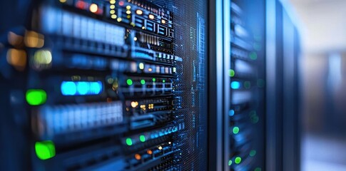 Poster - Detailed side view of blue-lit servers with cables and blinking lights, perfect for IT services, network setup, or cybersecurity visuals