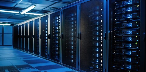 Aufkleber - Long hallway of modern server racks glowing with blue LEDs, great for cloud technology, data centers, or futuristic digital themes