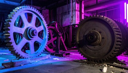 Poster - Industrial Gears in Abandoned Warehouse with Neon Lights