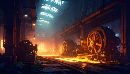 Poster - Industrial Workshop with Gear Machinery and Dramatic Lighting