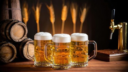Aufkleber - Three beer mugs filled with golden liquid, sitting on a wooden surface in front of barrels.