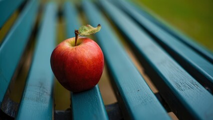 Poster - A red apple sitting on a blue bench.