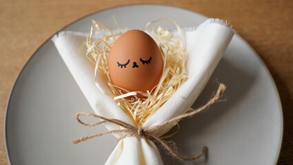 Poster - A decorated egg in a basket on a plate.