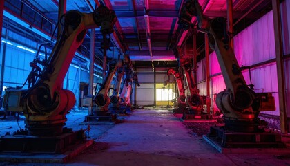 Poster - Industrial Robots in Abandoned Factory with Colorful Lighting