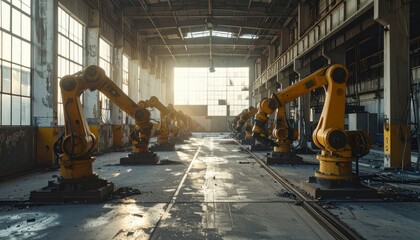 Poster - Industrial Robot Arms in Abandoned Factory with Dramatic Lighting