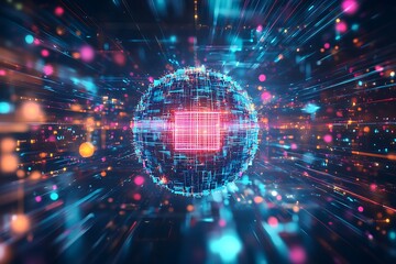Poster - •  Floating processor cubes orbit a glowing neon sphere radiating cyan and magenta pulses in a dark digital void 