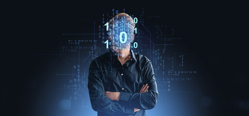 Fototapete - Businessman with binary code face representing digital identity