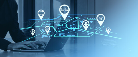 Poster - Logistics and delivery network management system on digital interface background.