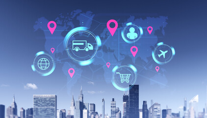 Poster - Logistics and delivery icons over world map above New York City skyline, futuristic concept.