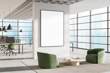 Poster - modern office interior with blank framed poster on clean white wall and green chairs in waiting area