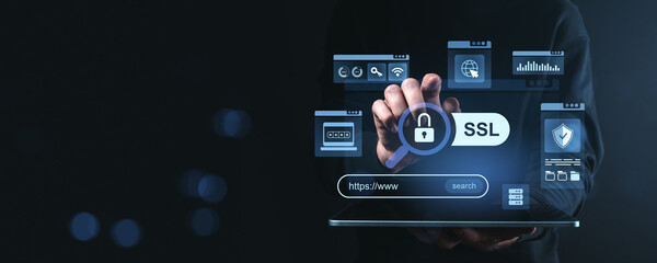 Poster - Cybersecurity interface with SSL padlock and digital protection icons on screen.