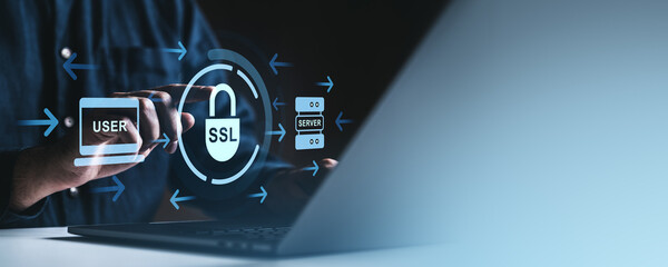 Poster - SSL cybersecurity data protection concept with padlock over laptop screen interface.