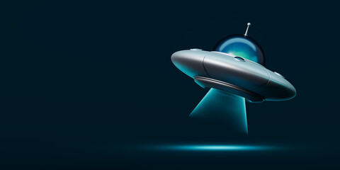 Poster - Futuristic silver UFO spaceship hovering with blue beam of light on dark background, 3D Rendering, isolated aerial sci-fi vehicle concept, mysterious atmosphere. 3D Rendering