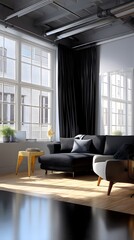 Poster - Stylish living room featuring minimalist couch and chair in a cozy and inviting space