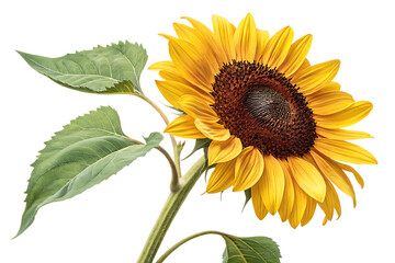 Wall Mural - Isolated close up of a vibrant sunflower with yellow petals and green leaves on a stem