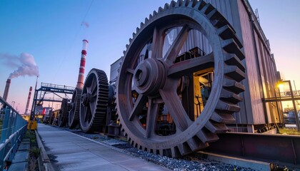 Poster - Large Industrial Gears with Smoke Stacks at Dusk in Urban Setting