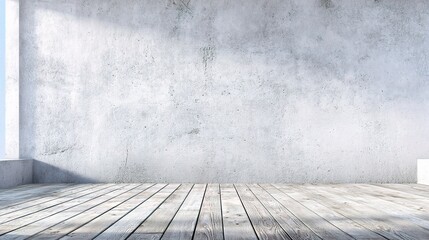 Poster - Bright Interior with Blank White Concrete Wall and Wooden Floorboards