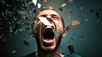 Aufkleber - Distressed male experiencing intense psychological tension, glass fragments shattering around head, symbolizing overwhelming mental struggle against dark backdrop