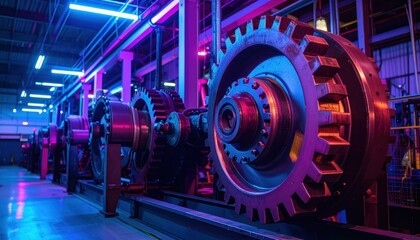 Poster - Industrial Machinery with Neon Lights in Modern Factory Environment