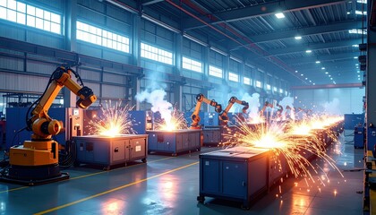 Poster - Industrial Workshop with Robots and Sparks in Action at Factory