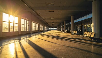 Poster - Sunlit Airport Terminal with Long Shadows and Empty Waiting Area