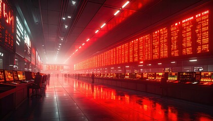 Poster - Futuristic Trading Floor with Red Screens and Dim Lighting Effects
