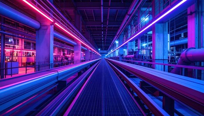 Poster - Vibrant Industrial Corridor with Neon Lights and Pipe Infrastructure