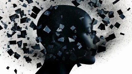 Aufkleber - Dark particles exploding from woman head, symbolizing mental health issues, stress, depression, anxiety, or other psychological disorders, isolated on white background