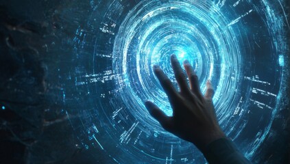 Aufkleber - Hand touching a futuristic hologram on a blue background, a technology concept for a digital touch screen or video game interface design.