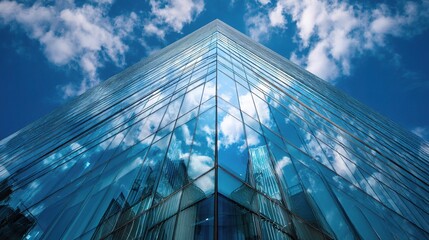 Poster - Modern Glass Skyscraper with Sharp Reflections Against Blue Sky